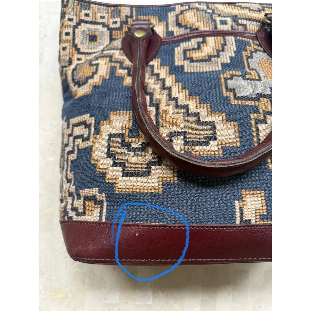 Patricia Nash Peruvian Tapestry Sungaro Tote Blue Tan Leather Brass Boho Tribal - Picture 9 of 16